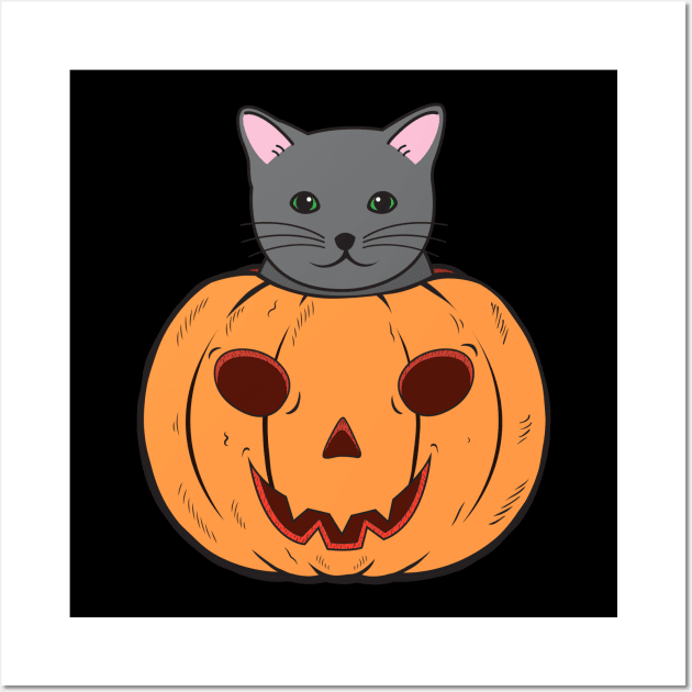 Halloween Cat With Witch Hat Stuck In A Pumpkin Head. Wall Art by Candaria